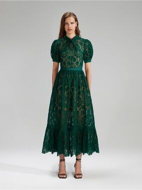 Self-Portrait Emerald Green Lace Maxi Dress with Tie Neck